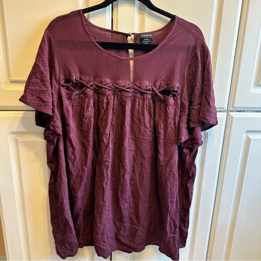 torrid Woman’s Plum Lace-Up Short Sleeve Blouse, Size: 3X